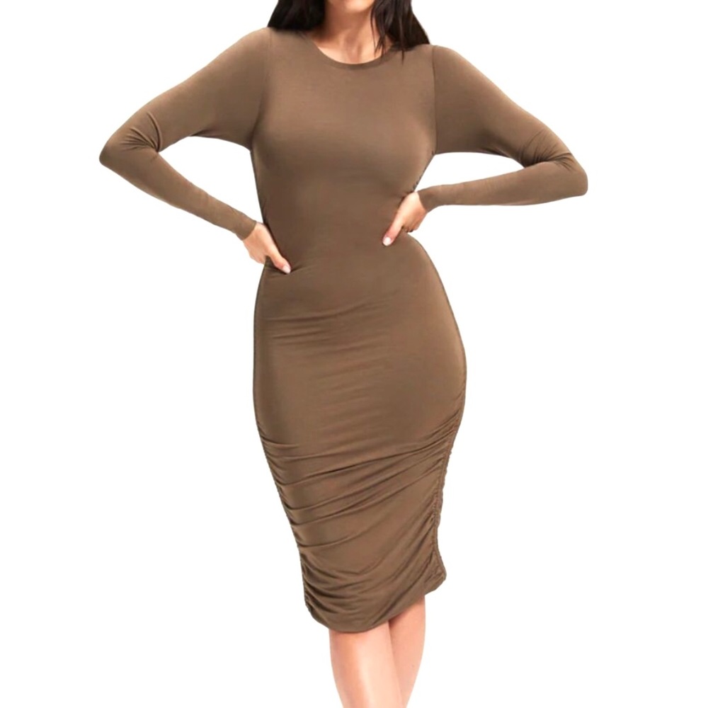 Good American Slinky Ruched Jersey Knit Midi Dress Tan Size 2X